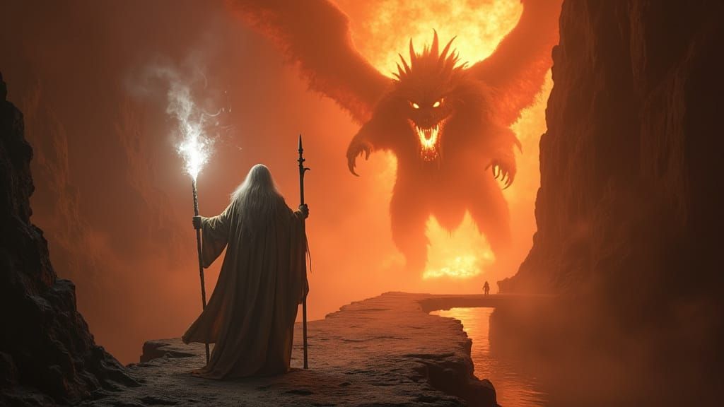 Gandalf the White Defends Against Balrog on Moria Bridge