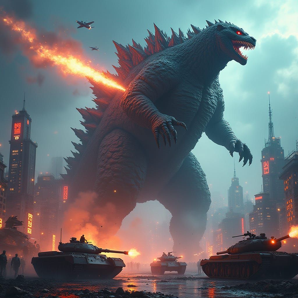 Armored Godzilla Cat Rages in Neon City