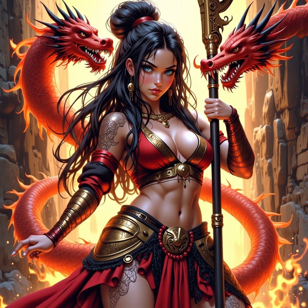 Majestic Chinese Superheroine with Dragon Spear