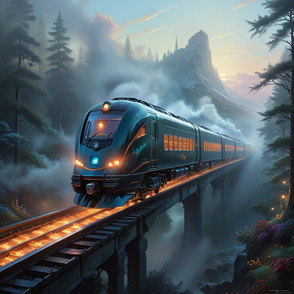 Sleek Futuristic Train Glides Across a Glowing Hyperdetailed...