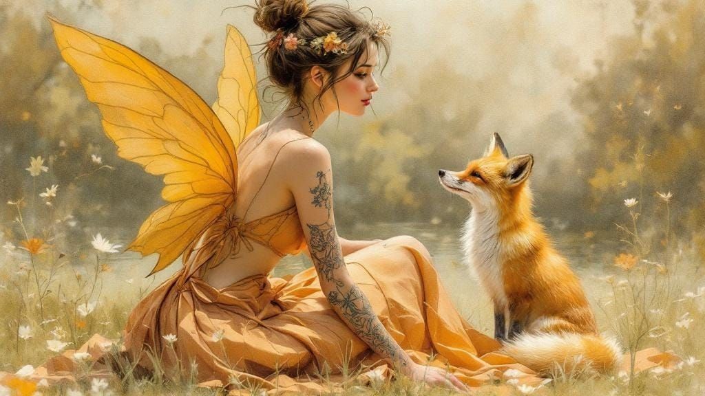 Fae and Fox in Park, Pastel Drawing