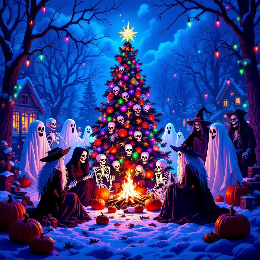 Festive Skeletons and Ghosts Celebrate Halloween Christmas