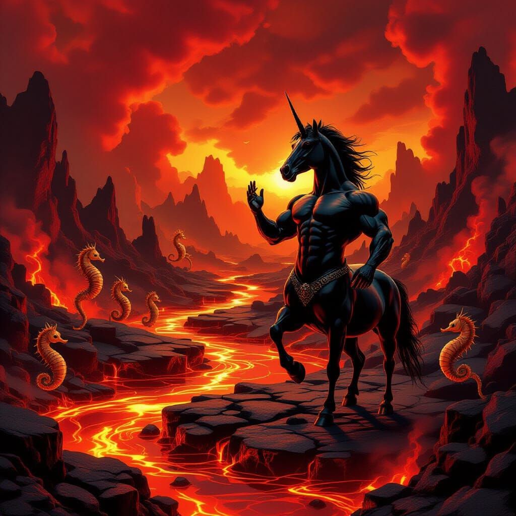 Surreal Musician: Bodybuilder Horse-Human Hybrid in Fiery Un...