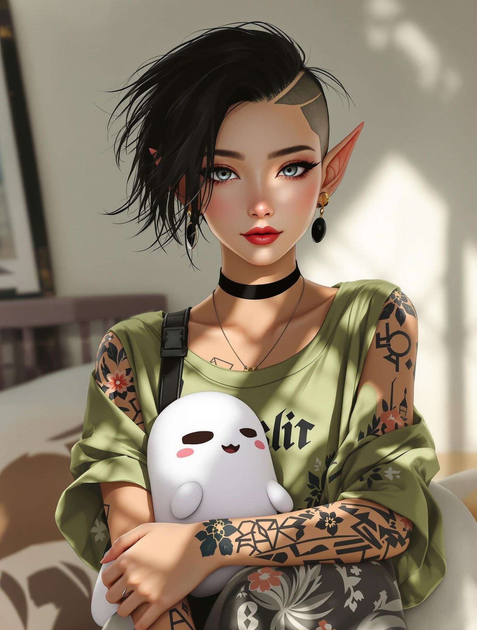 Anime Elf Woman with Ghost Plush, Digital Art