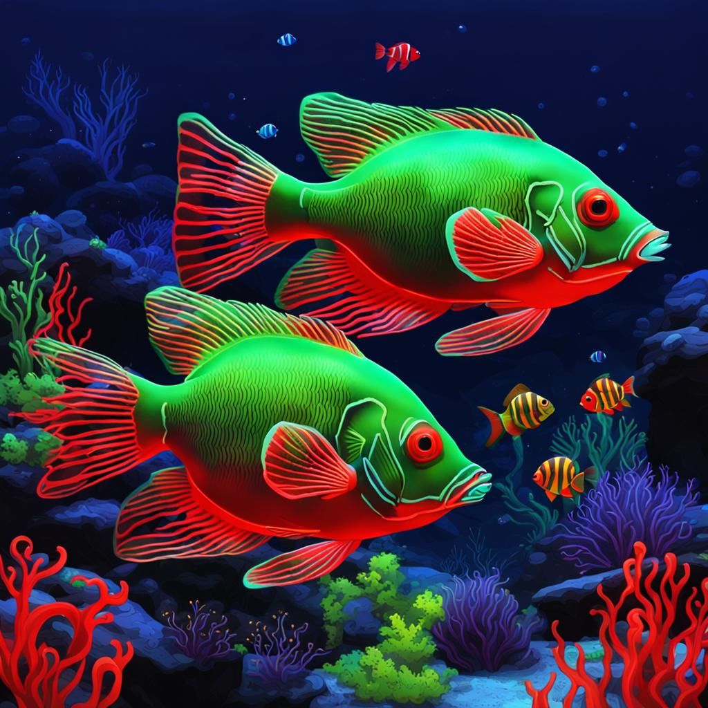 Neon fish in the sea are magnificent, the neon green and red stand out in the night.