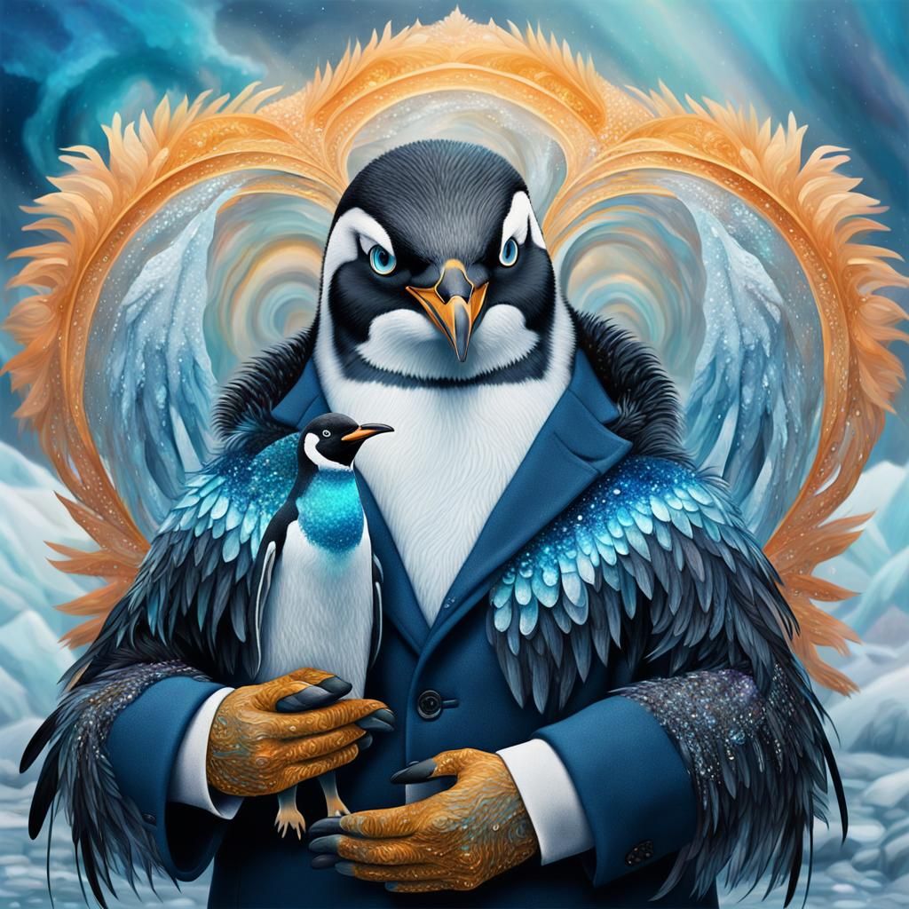 Surreal Penguin-Human Hybrid on Icy Shore: Oil Painting