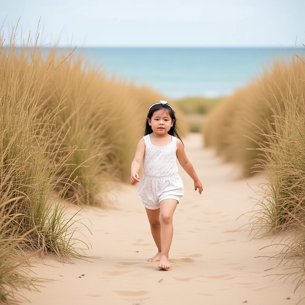 Barefoot Girl on Sandy Path to Ocean: Realistic Photo