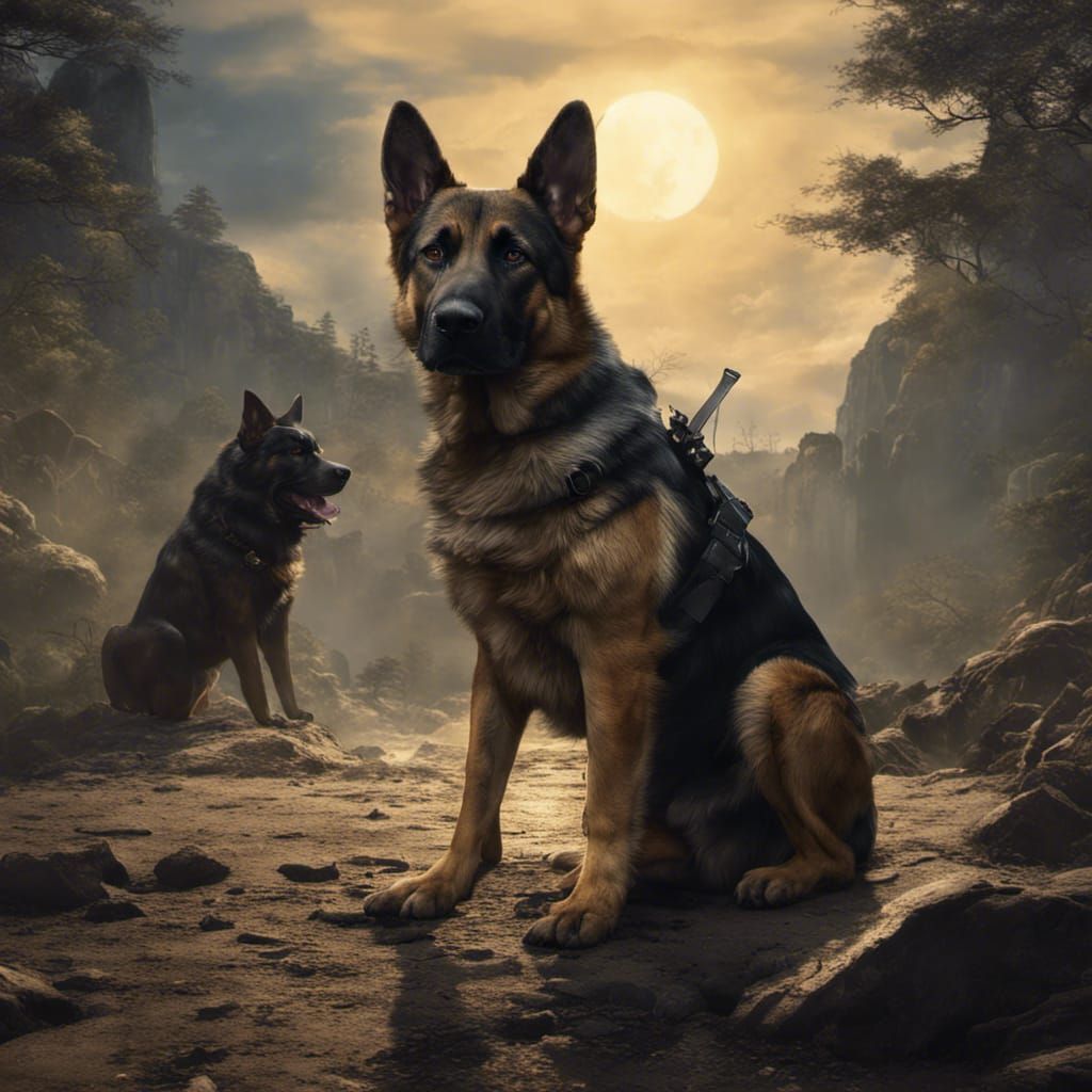 Dogs in Dark Fantasy Landscape, Digital Art