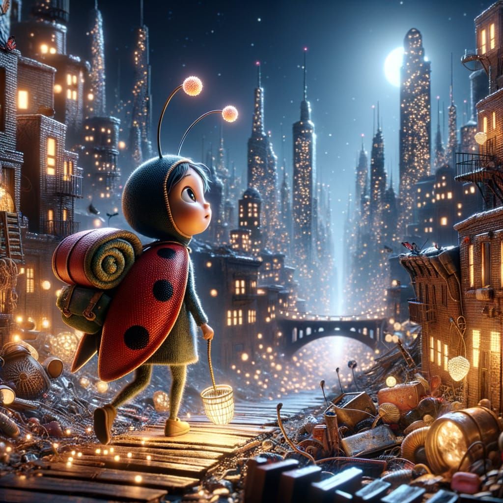 Ladybug Explorer in Bioluminescent Cityscape