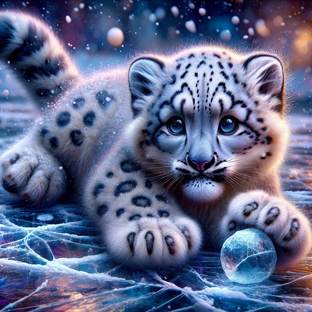 Snow Leopard Cub Frolics on Ice: Fantasy Concept Art
