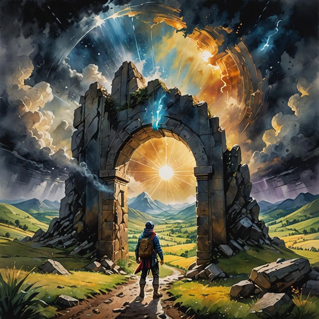Adventurer Enters Magical Portal: Watercolour Painting