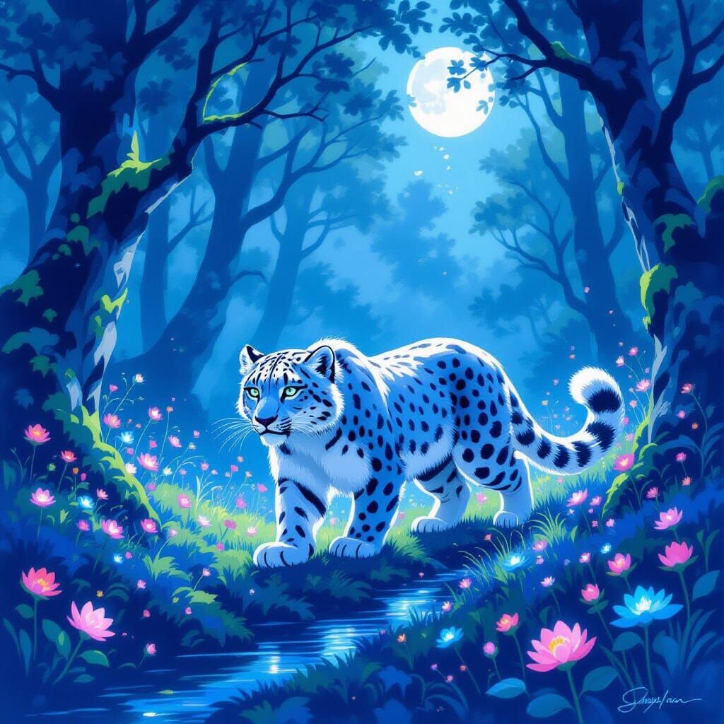 Majestic Snow Leopard in Moonlit Mystical Forest