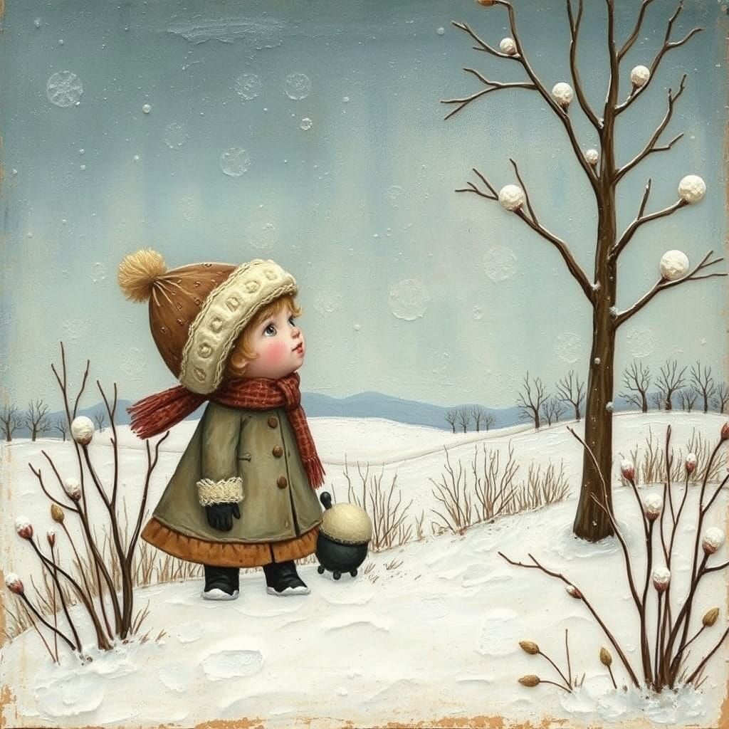 Playful Child in Snow Landscape, Mixed Media Art