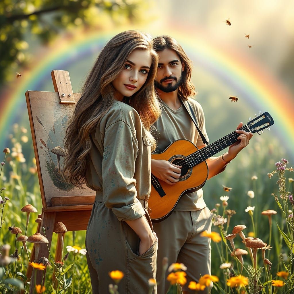 Woman Artist in Whimsical Meadown Setting, Paint Brush in Ha...