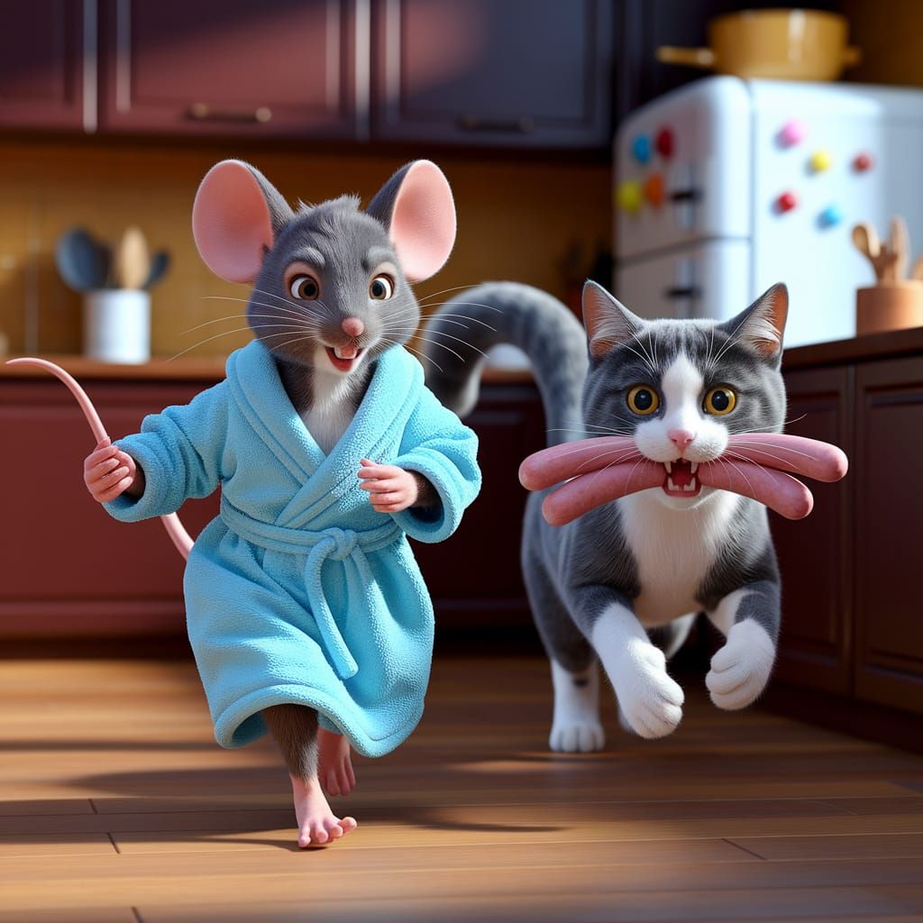Anthropomorphic Mouse and Cat in Whimsical Kitchen Chase