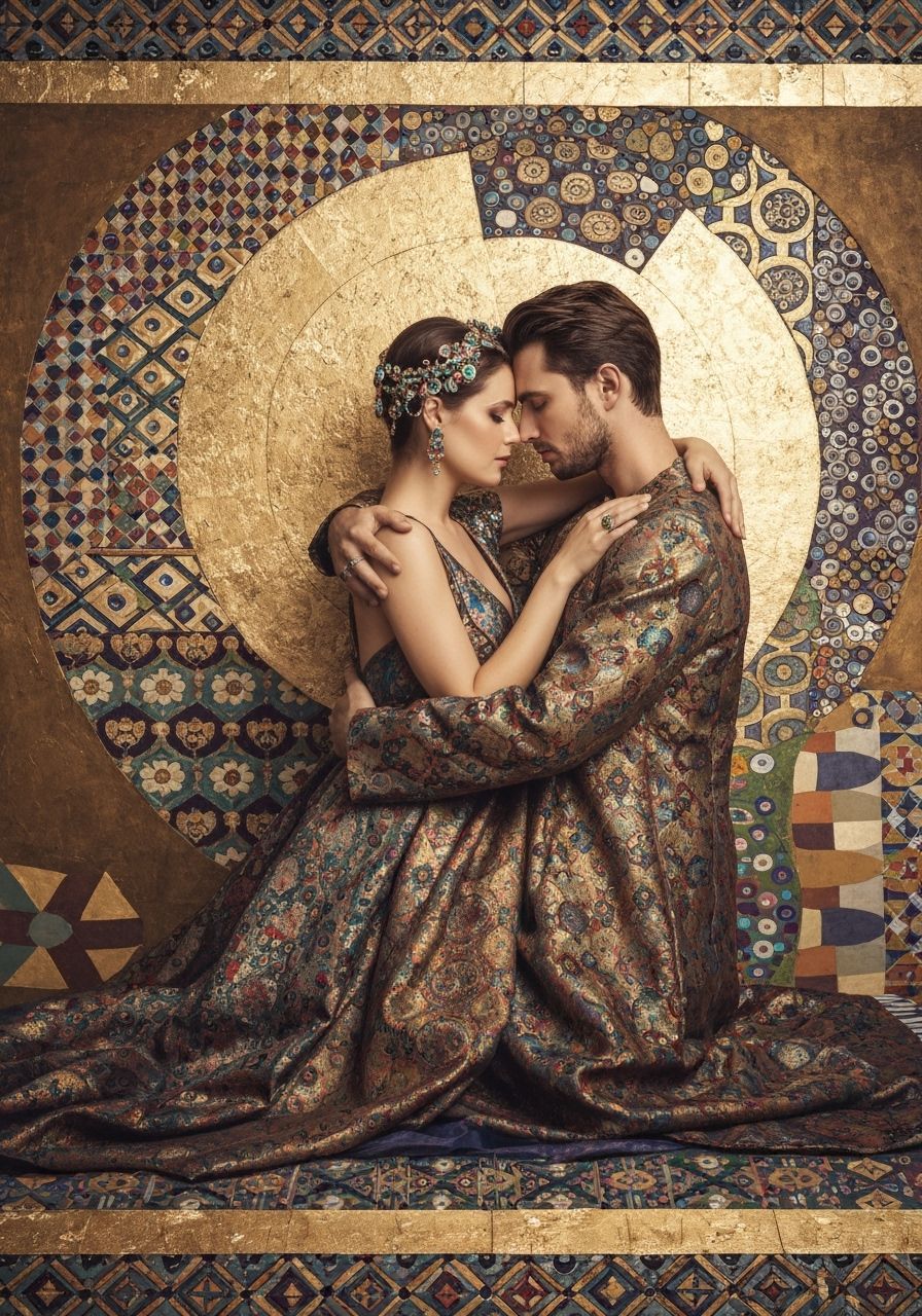 Embracing Couple in Klimt-Inspired Byzantine Mosaic Style
