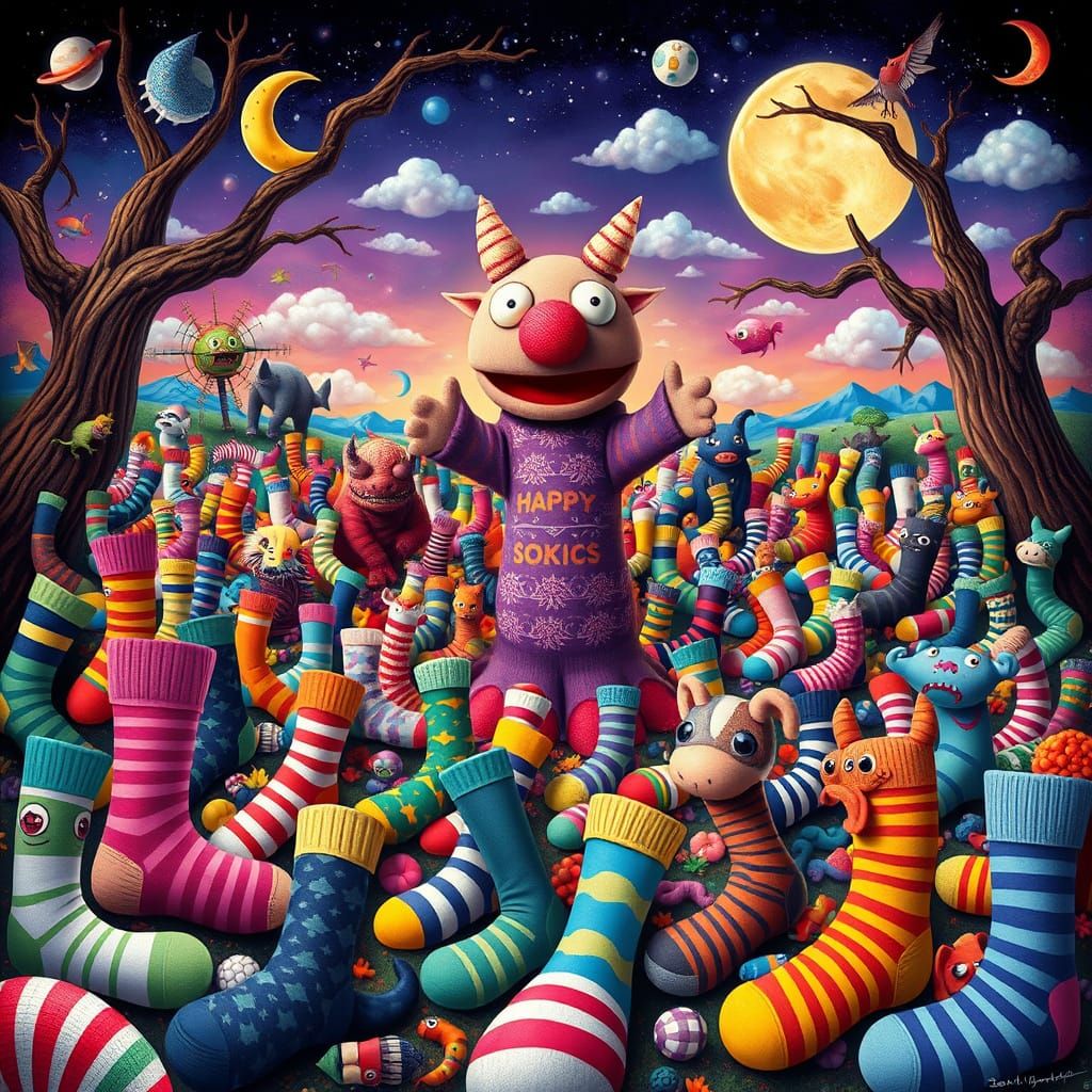 Whimsical Sock Landscape with Sock Puppet, in Pop Surrealism...