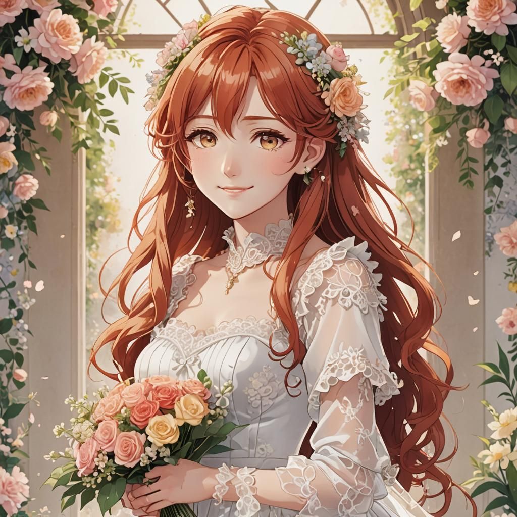 Anime Bride with Flowers in Digital Art Style