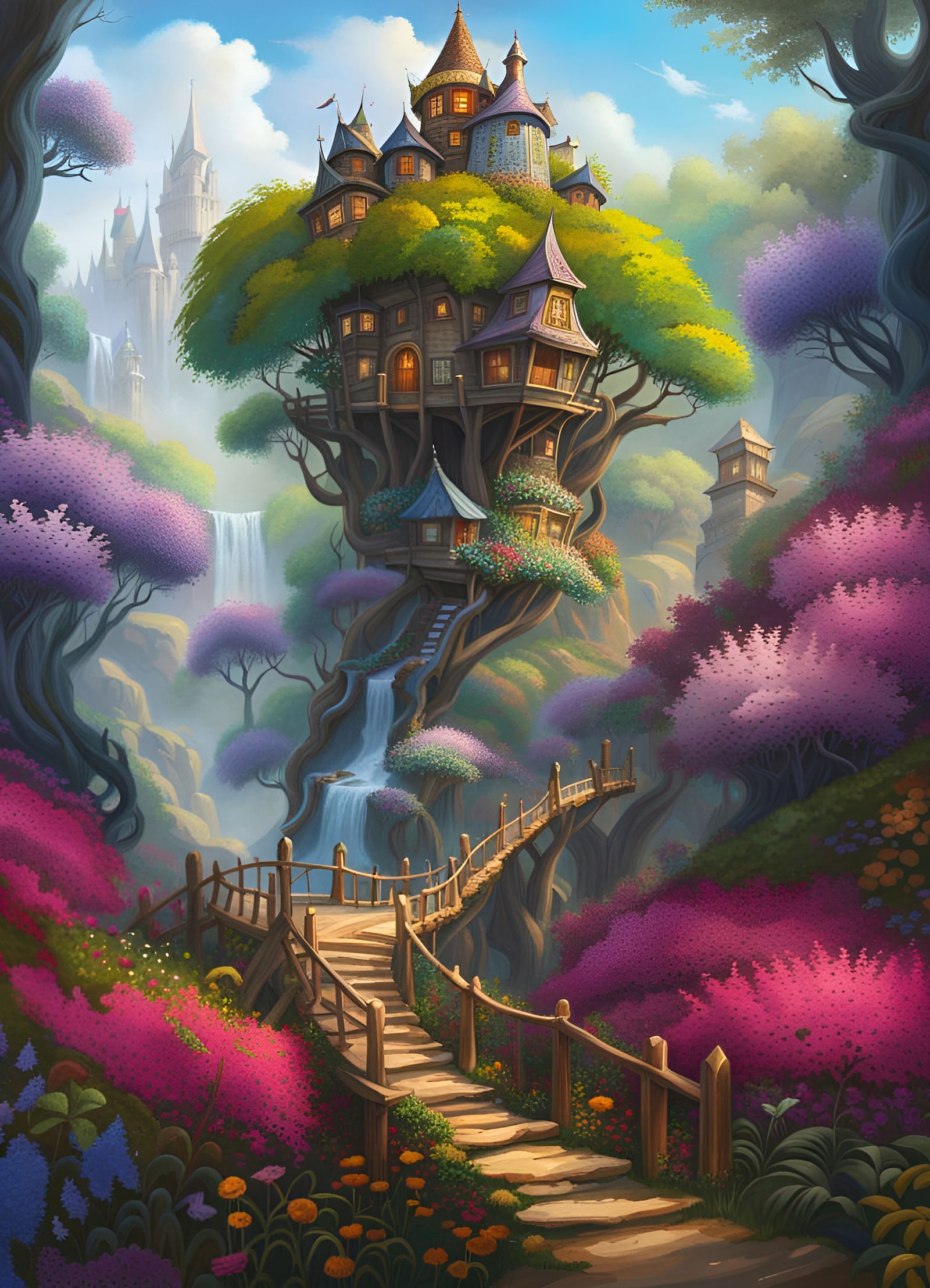 Intricate Floral Treehouse City in Enchanted Forest