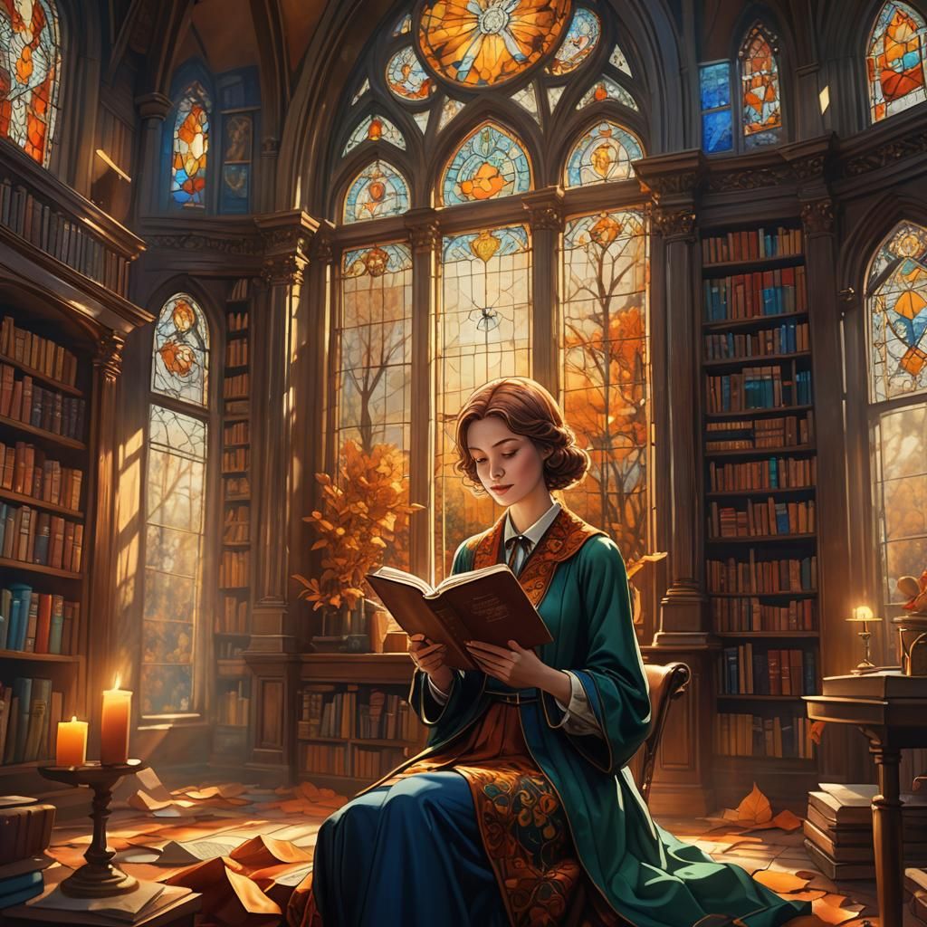 Autumnal Lady Reading in a Golden Library