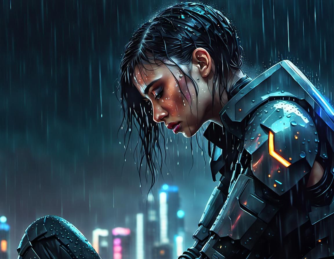 Cyborg Woman Crying in Dystopian City: Watercolor Illustrati...