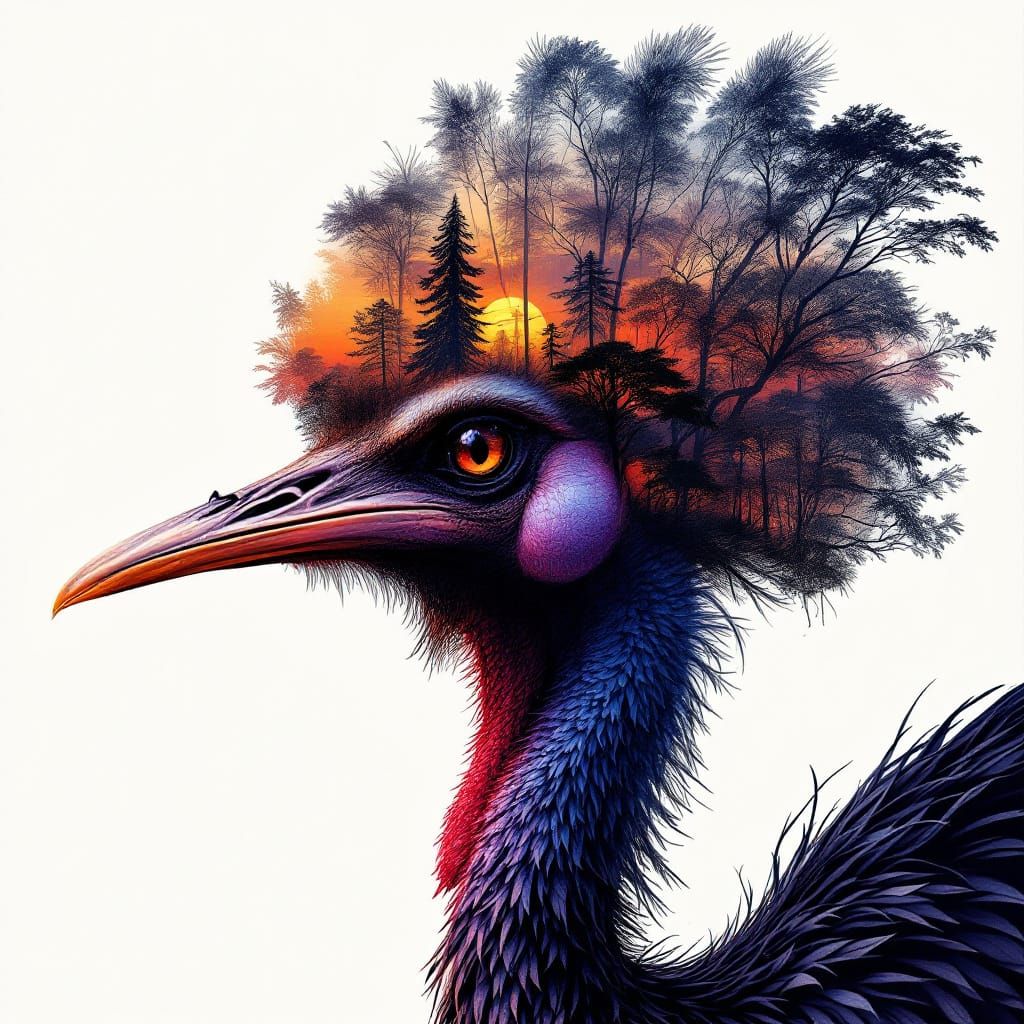 Cassowary Double Exposure Jungle Sunset Watercolor