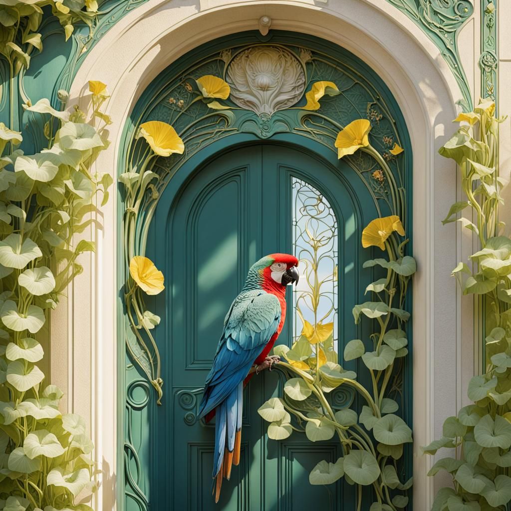 Parrot Enters Art Nouveau Doorway in Sunshine
