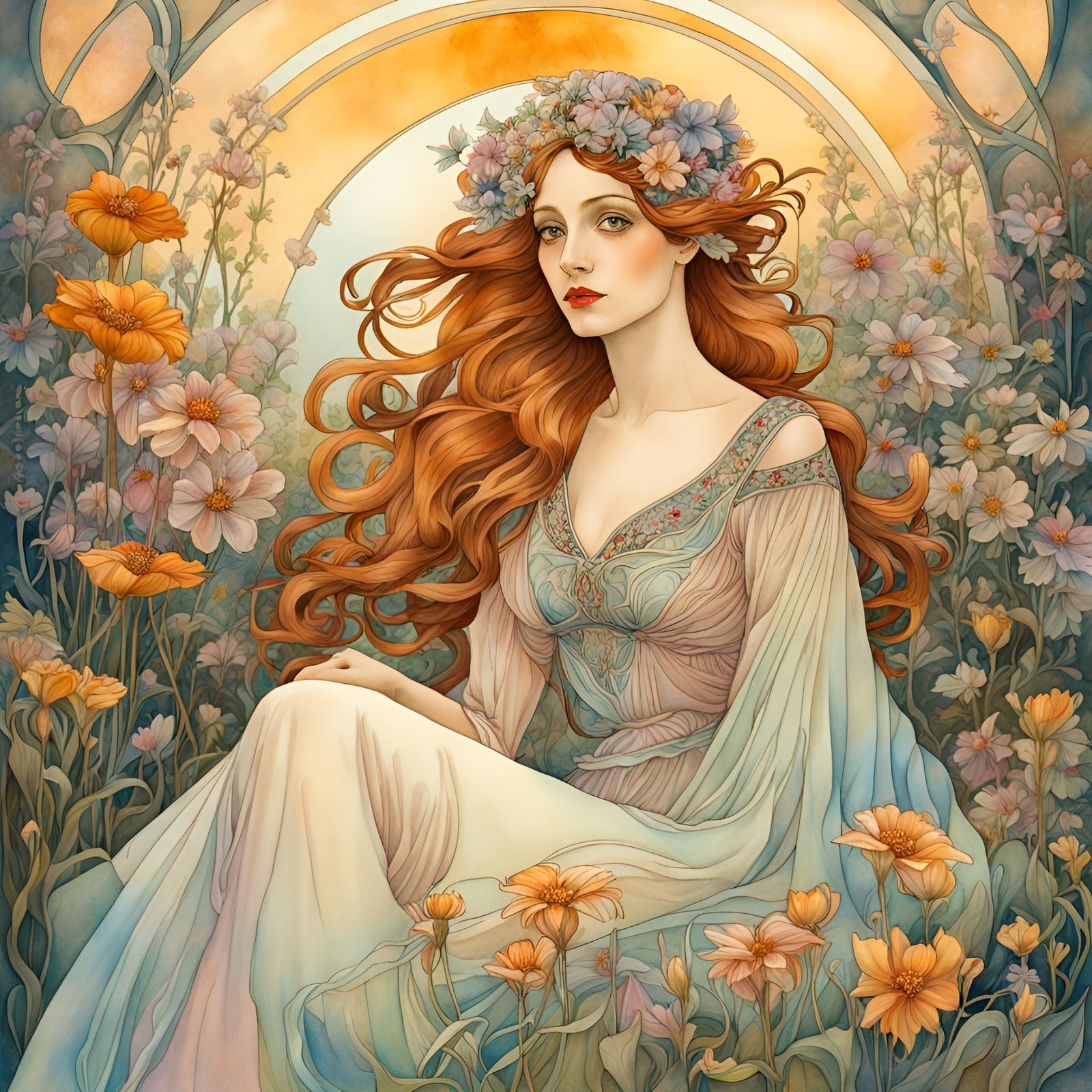Art Nouveau Woman Amongst Wildflowers in Watercolor