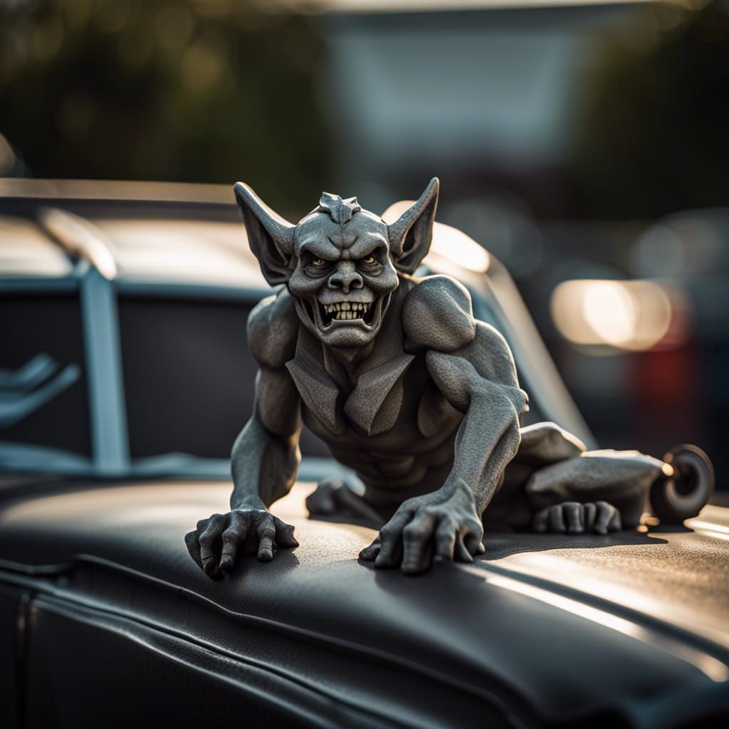 A Gargoyle Perched on the hood of a Hot Rod