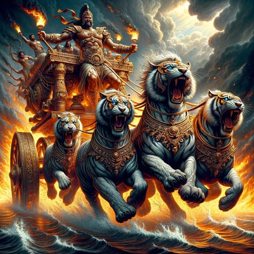 Fiery Chariot Pulled by Tigers Through Flames