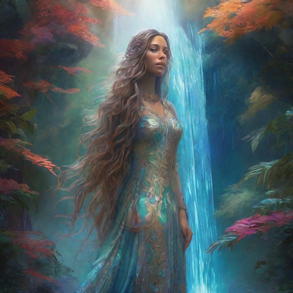 Mystical Woman at Iridescent Waterfall in Fantasy Art