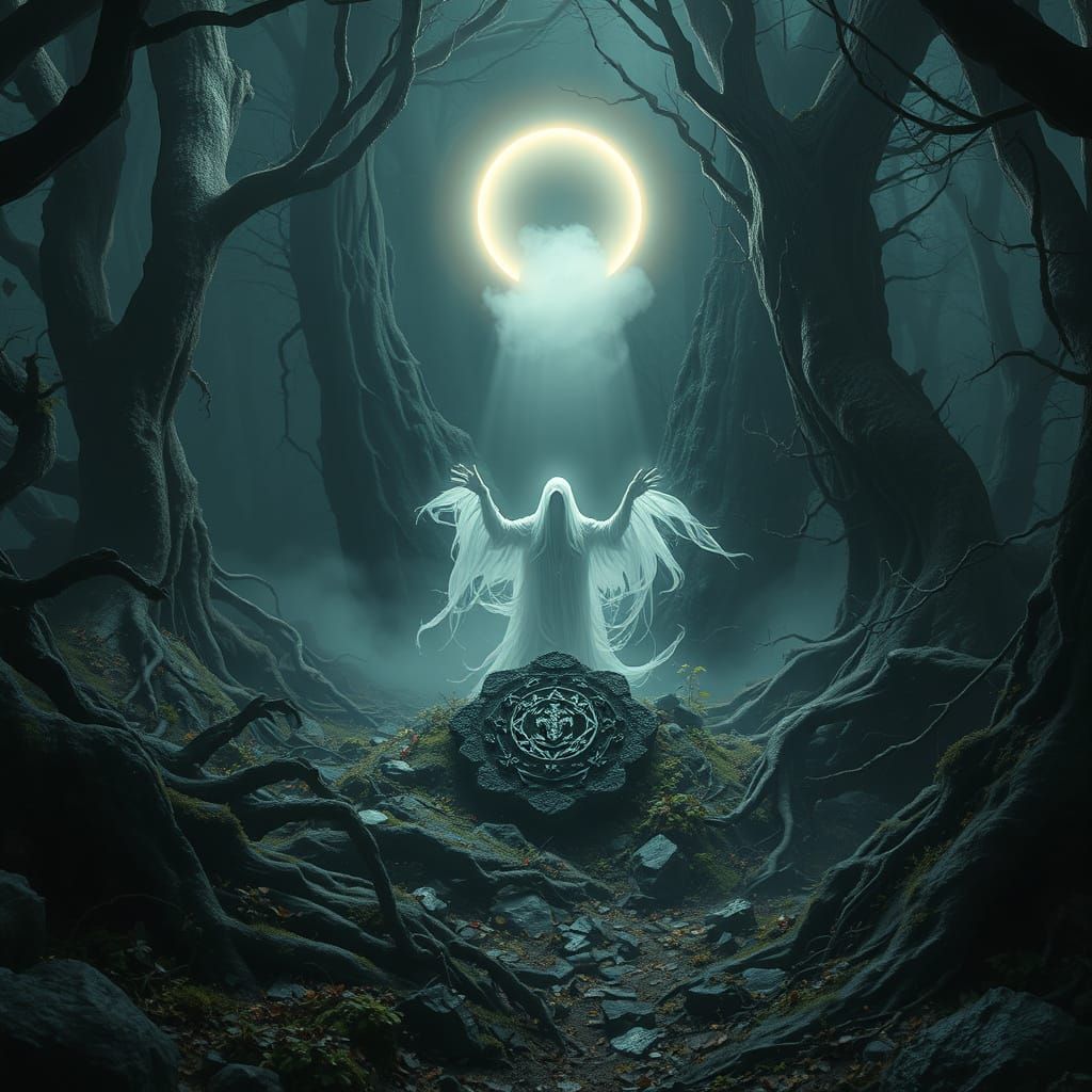 Ethereal Ghost Rises from Ancient Grave in Dark Forest