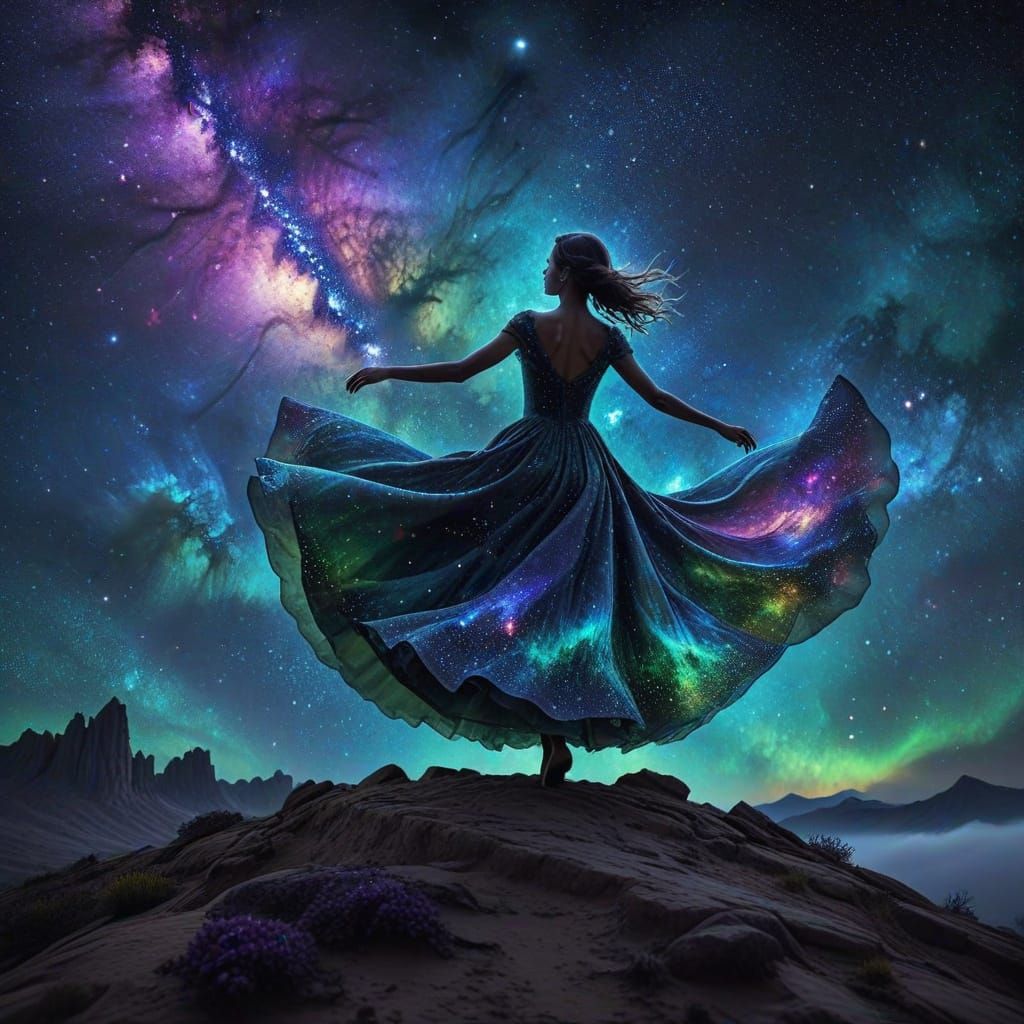 Cosmic Dance: Silhouettes Under the Galaxy