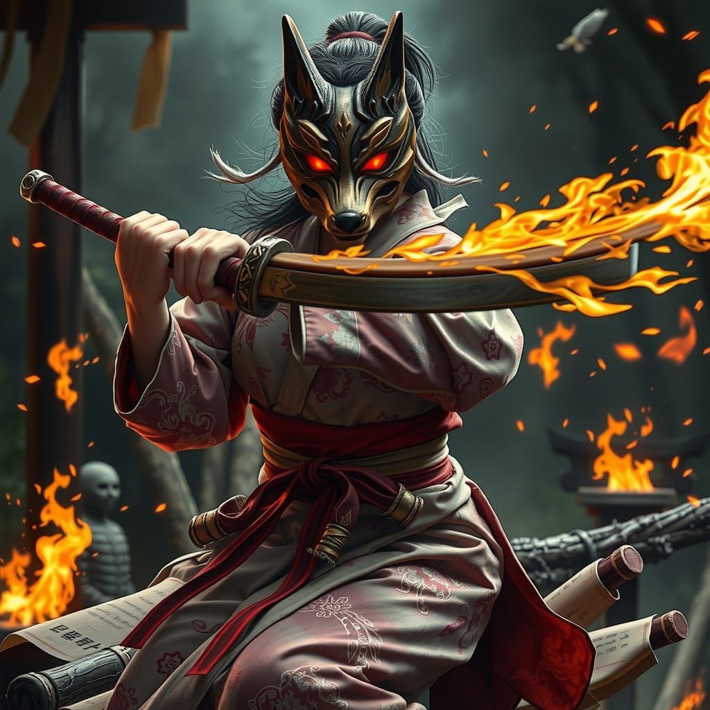Dynamic Kimono Warrior with Fox Mask