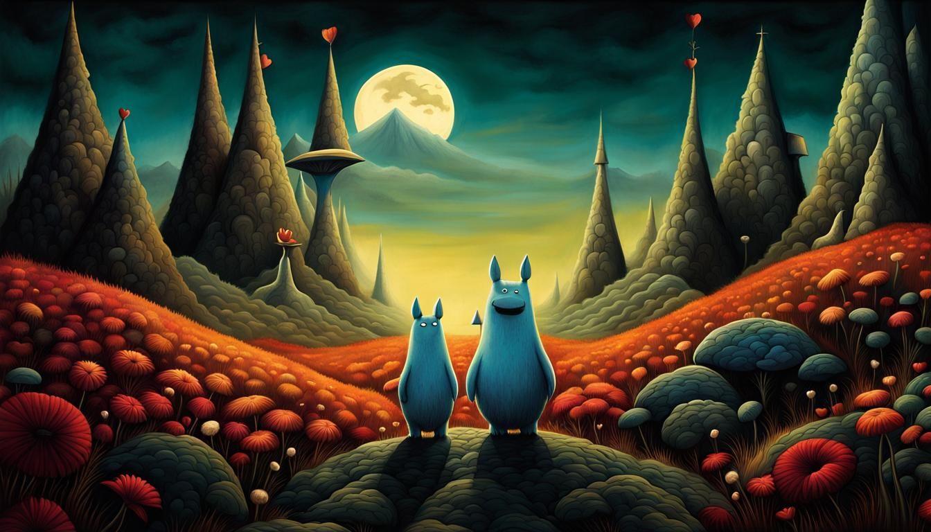 Surreal Moomin Landscape Depiction in Abstract Art Style