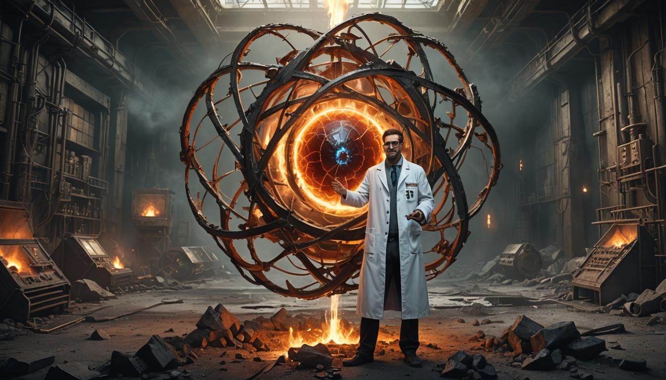 Mad Chemist with Cesium Atom in Lab: Fantasy Art