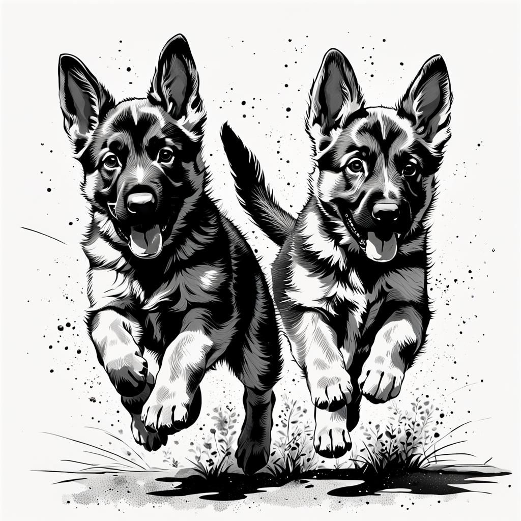 Playful German Shepherd Puppies in Whimsical Black and White...