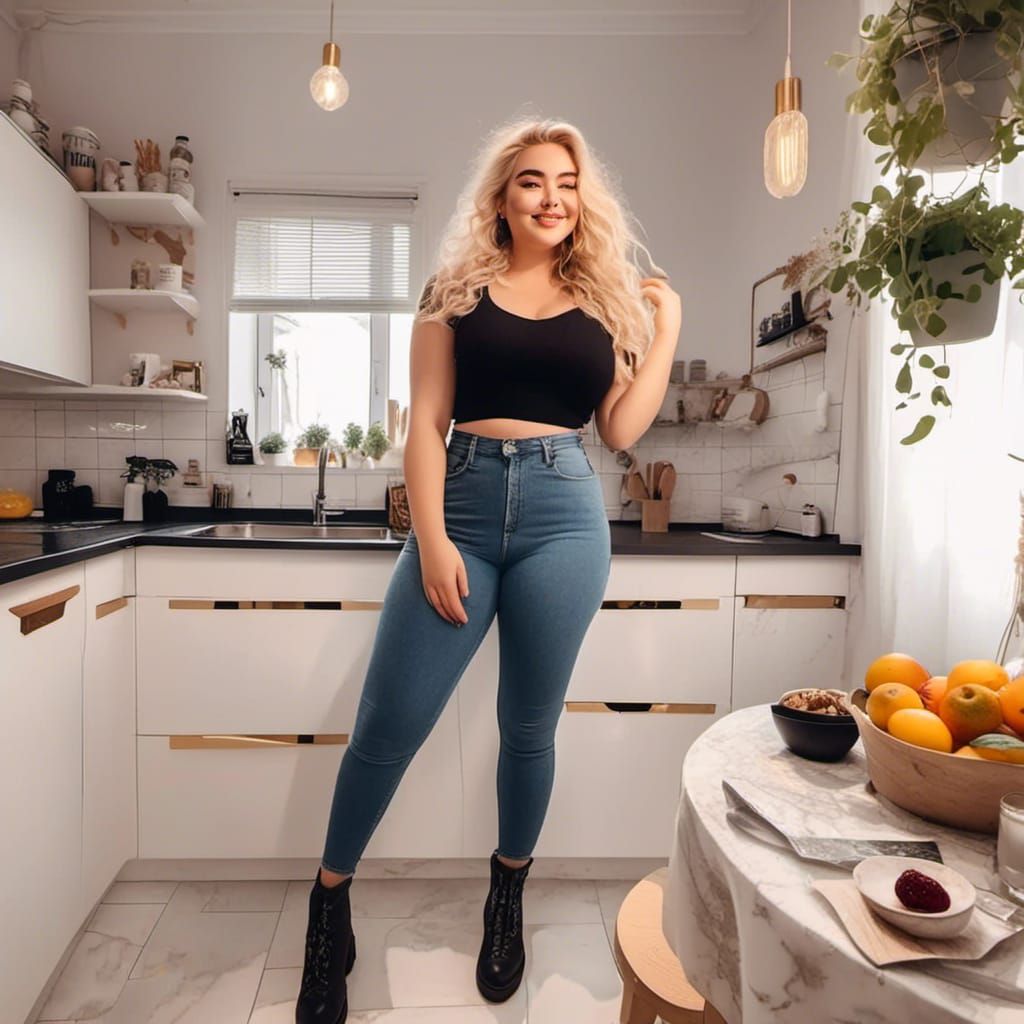 Curvy Woman in Elaborate Kitchen Scene