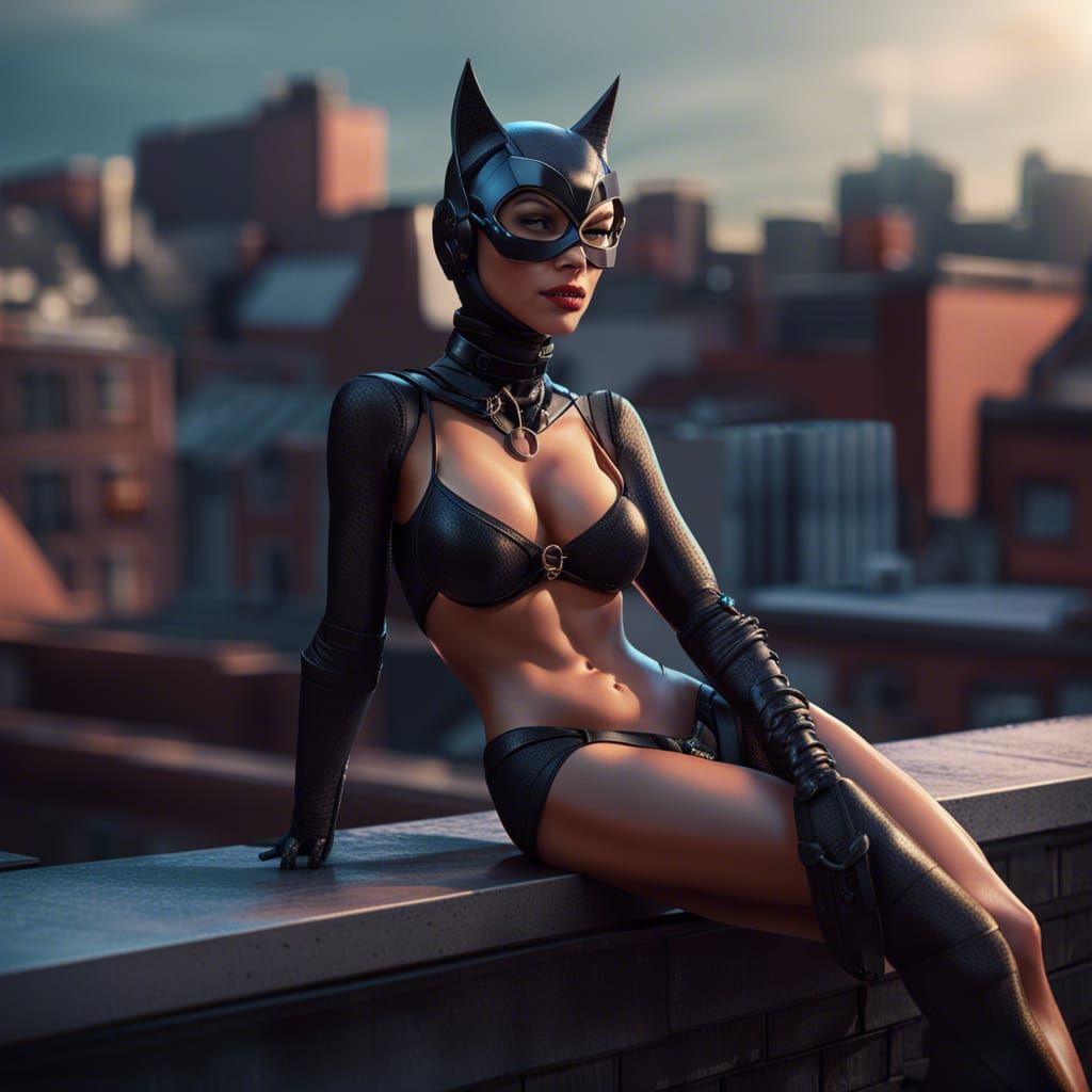 Catwoman on Rooftop: Detailed Matte Painting