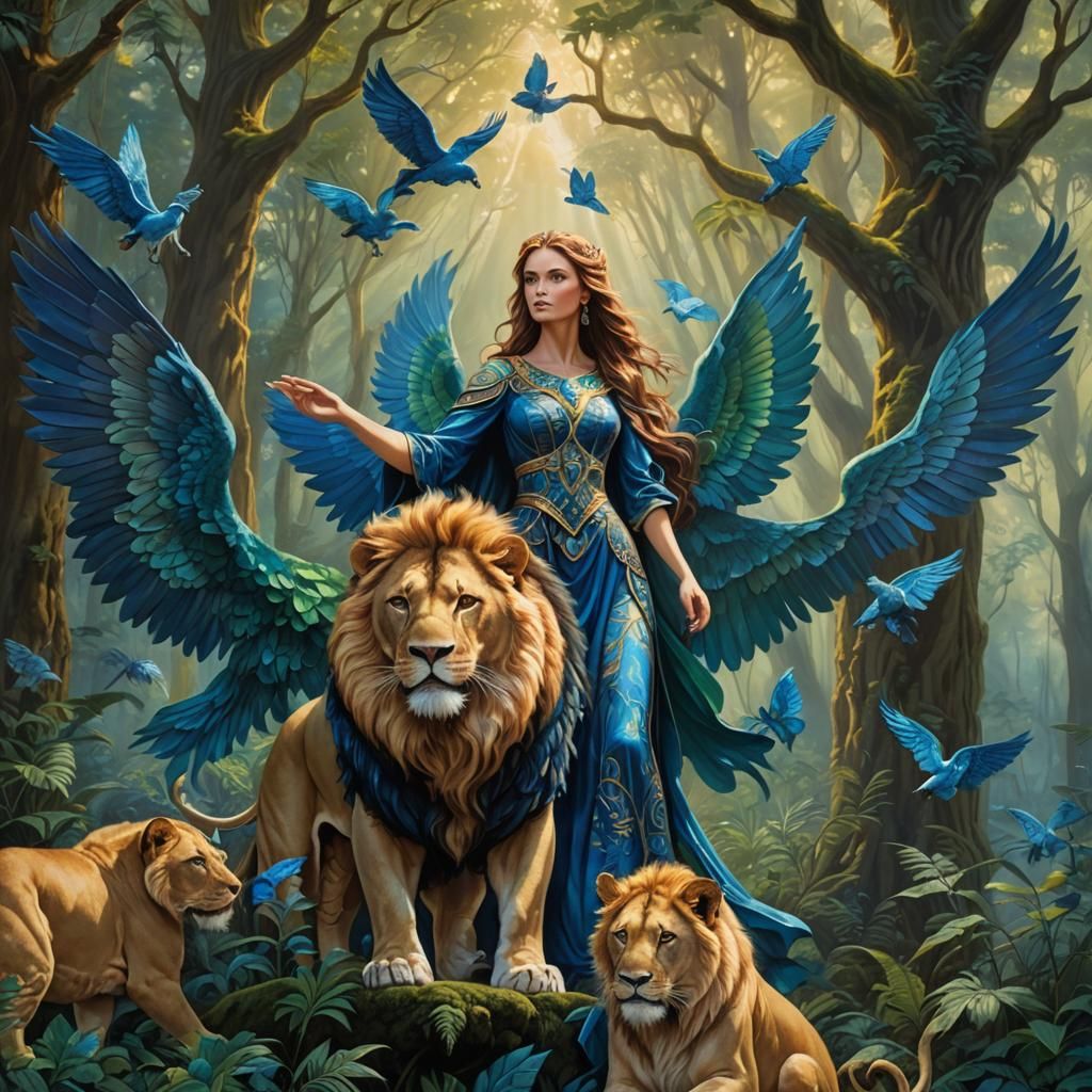 Woman with Lions and Blue Wings, Fantasy Art