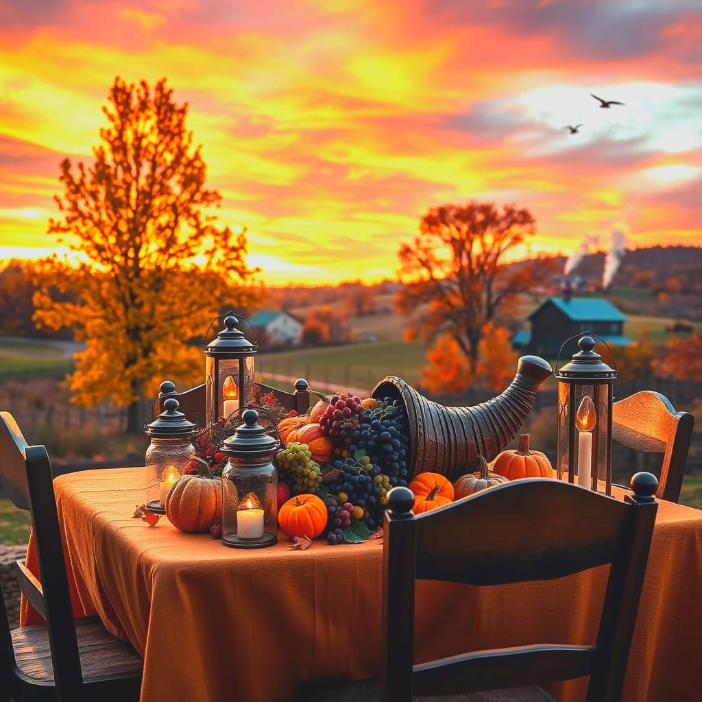 Autumn Harvest Table Under Vibrant Dusk Sky