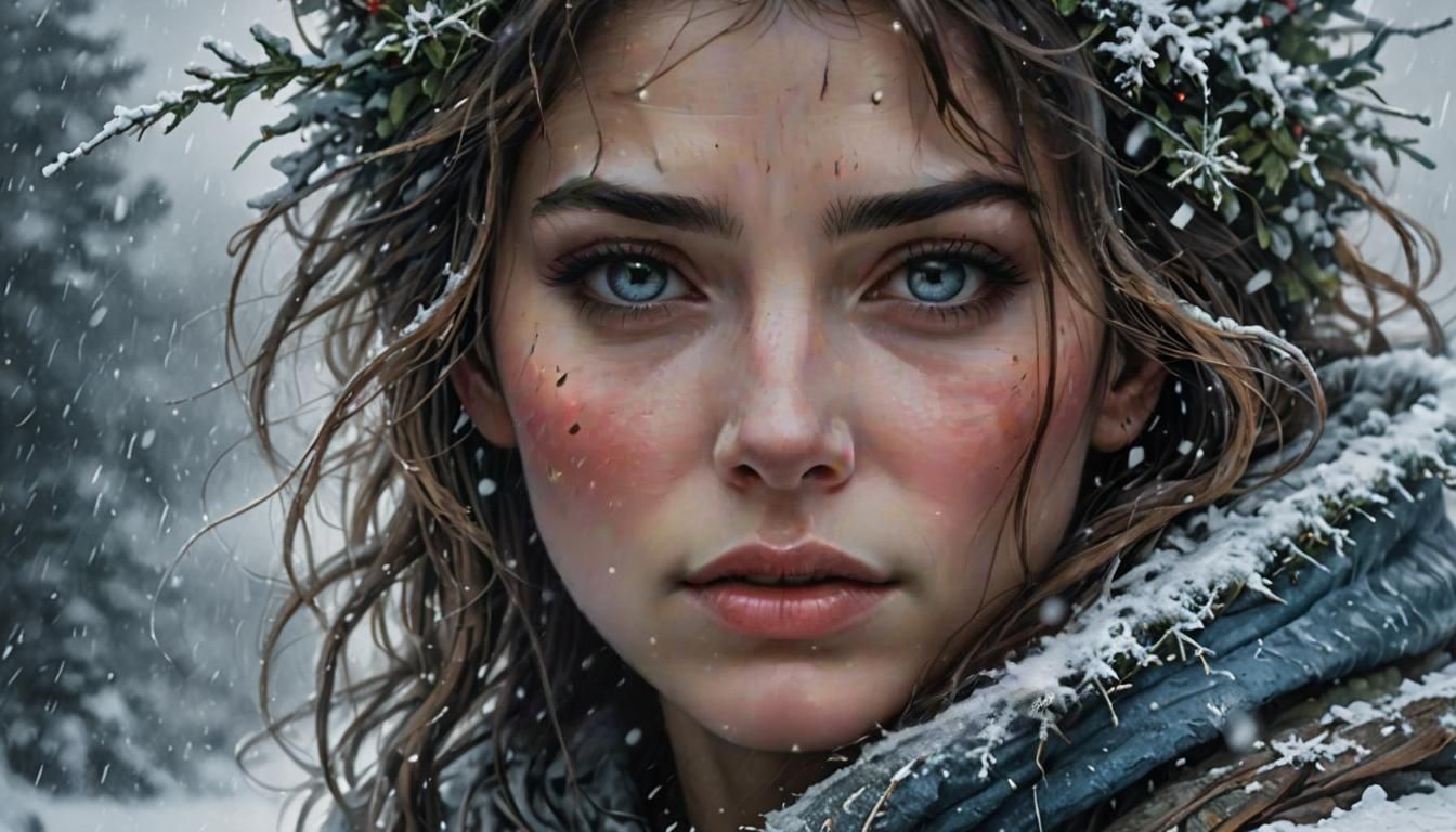 Emotive Woman's Face in Snowy Fantasy Painting