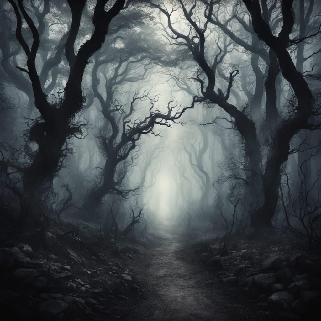 Mysterious Foggy Forest Path Illustration