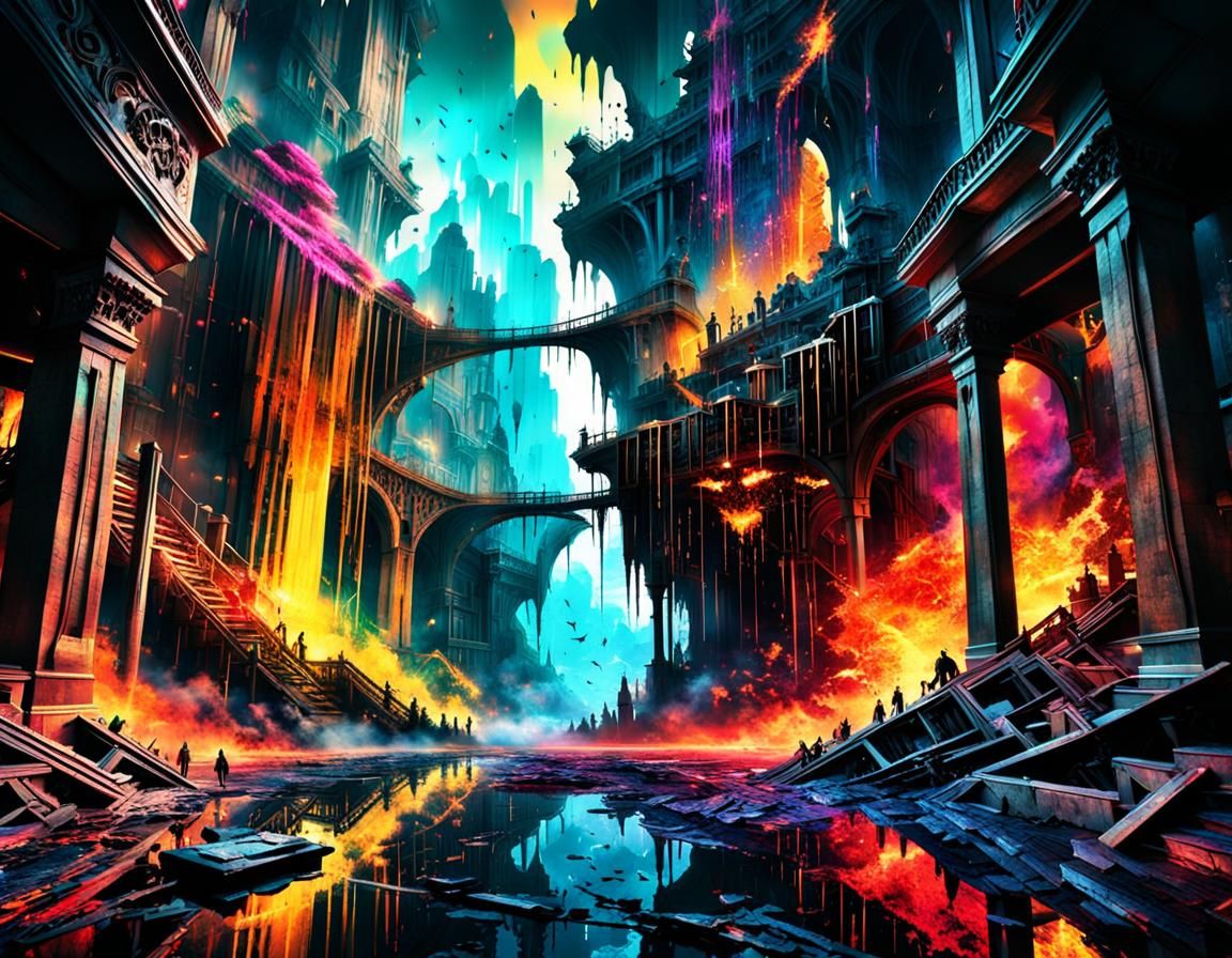 Abstract Dark Scene with Cascading Colors