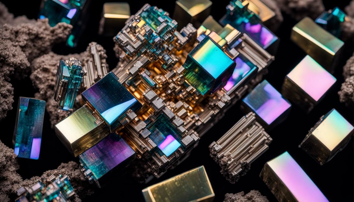 Intricate Bismuth Crystal Formation on Black Backdrop