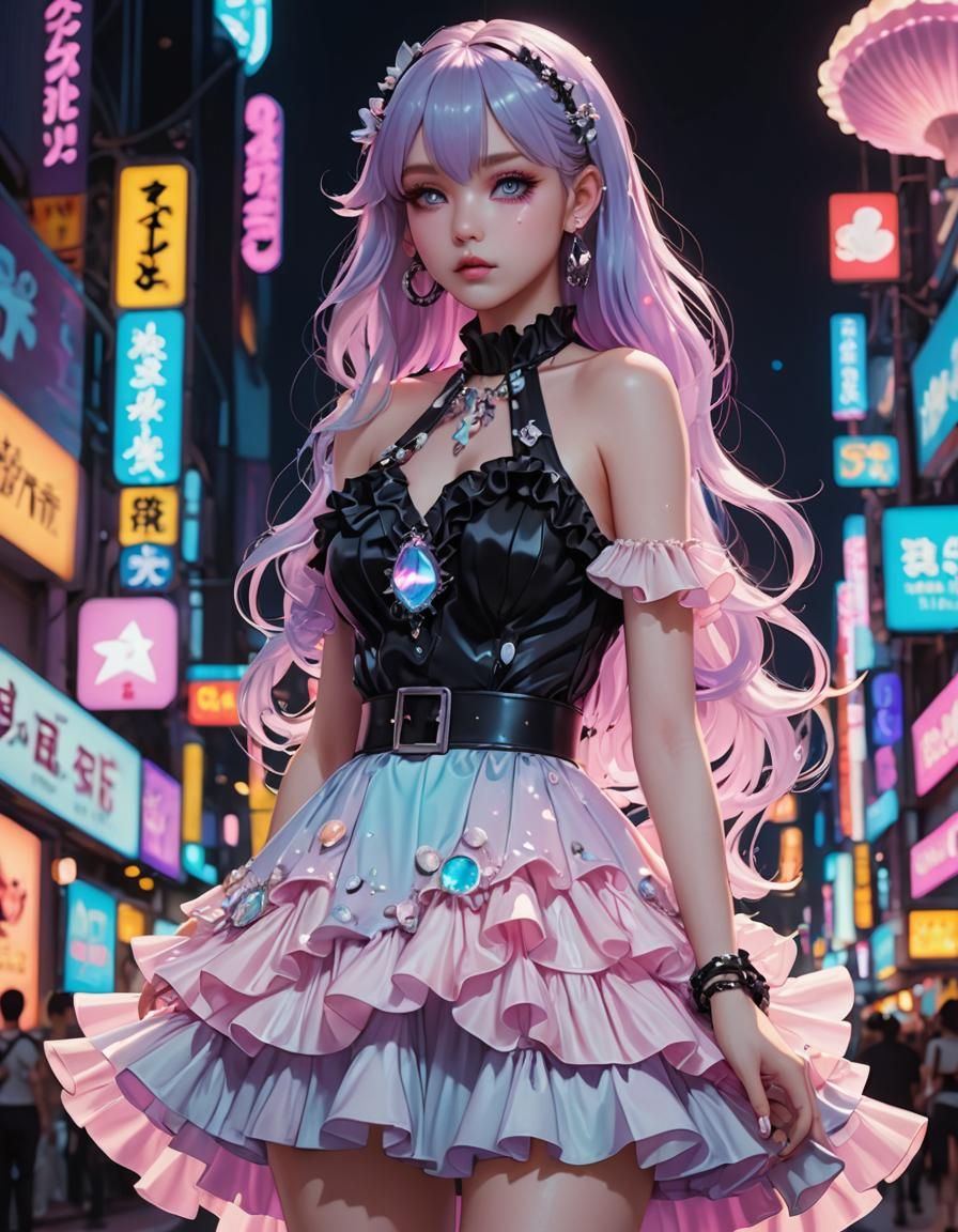Pastel Goth Dress with Neon Lights in 3D Anime Style