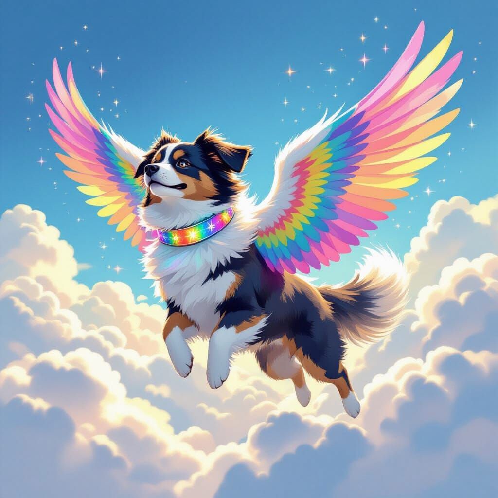Rainbow-Winged Dog Soaring Through Dreamscape