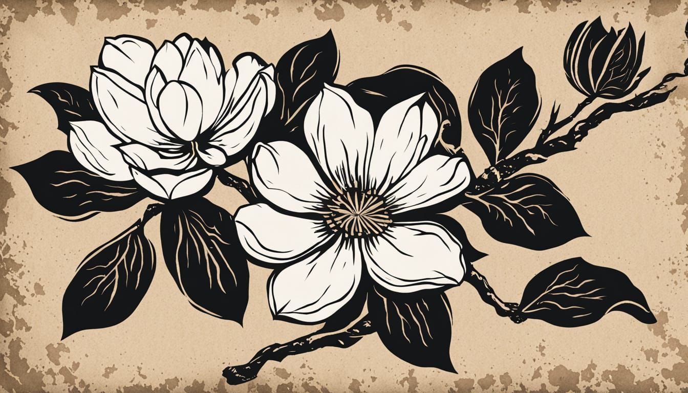 Elegant Mokuhanga-Inspired Woodblock Print of a Delicate Mag...