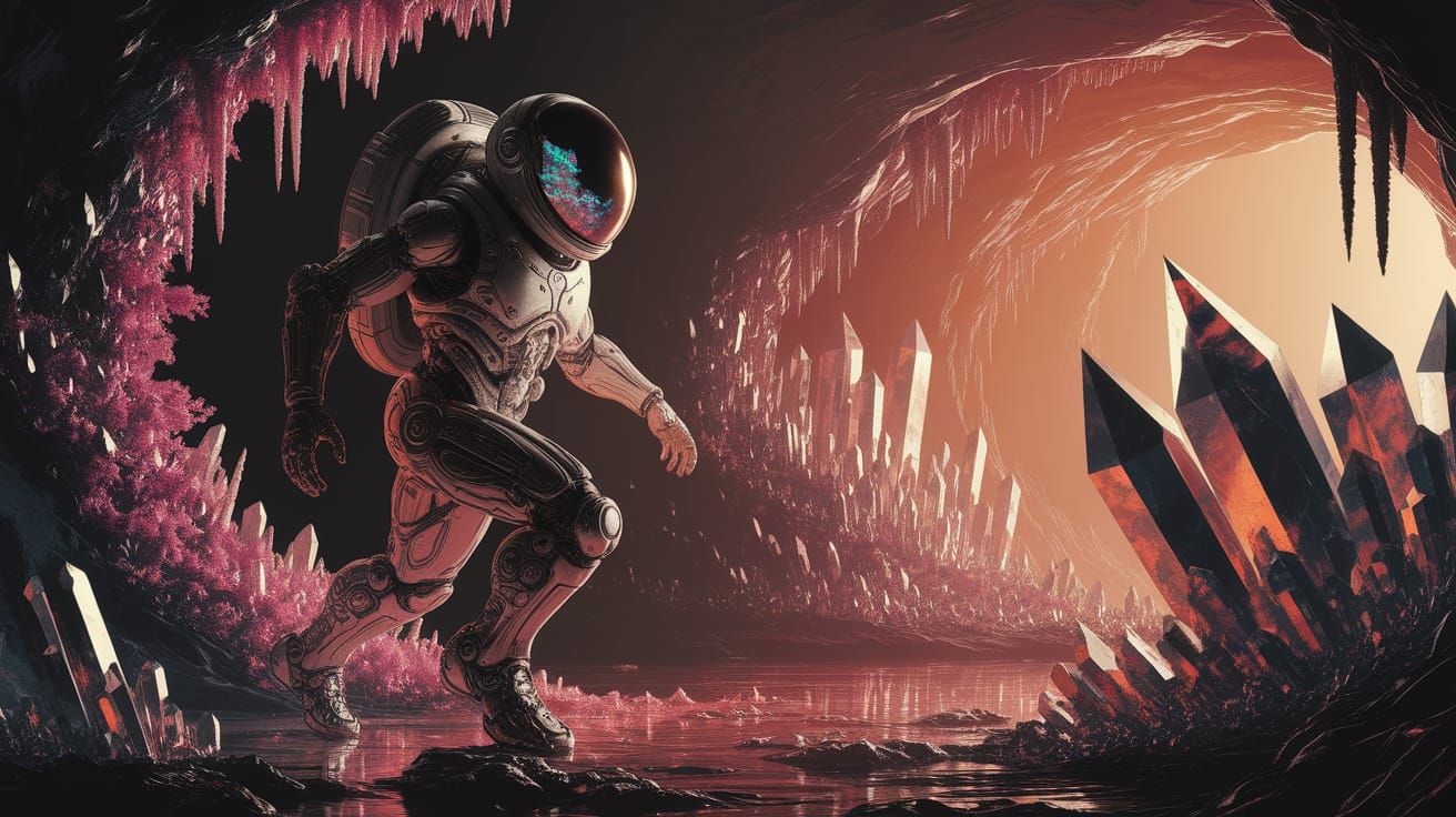Biomechanical Astronaut Explores Crystalline Cave in Dark Fa...