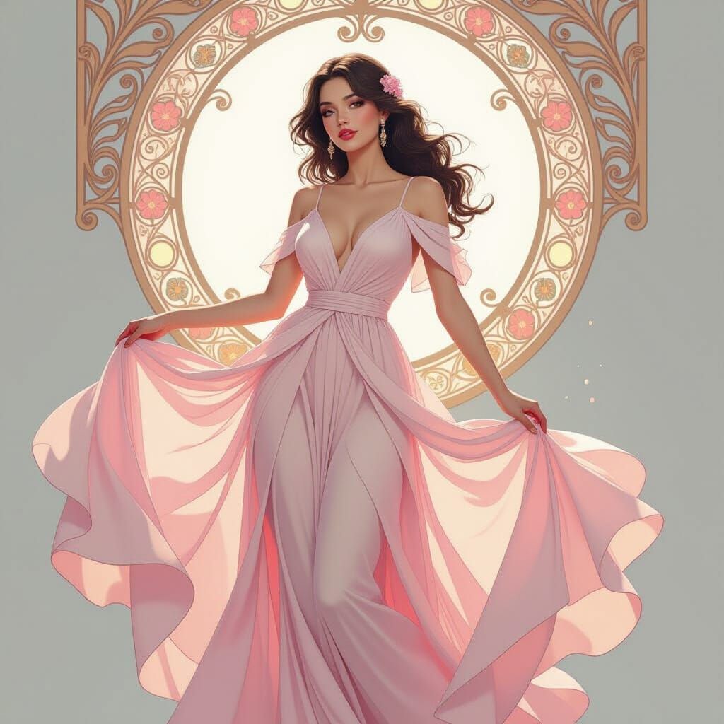 Elegant Woman in Flowing Dress, Art Nouveau Style